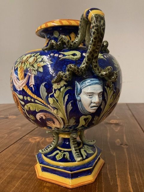 Antique Trilobed Majolica Vase Ginori 1860 With Festoons. Blue Signature. Very Good Condition photo vintage
