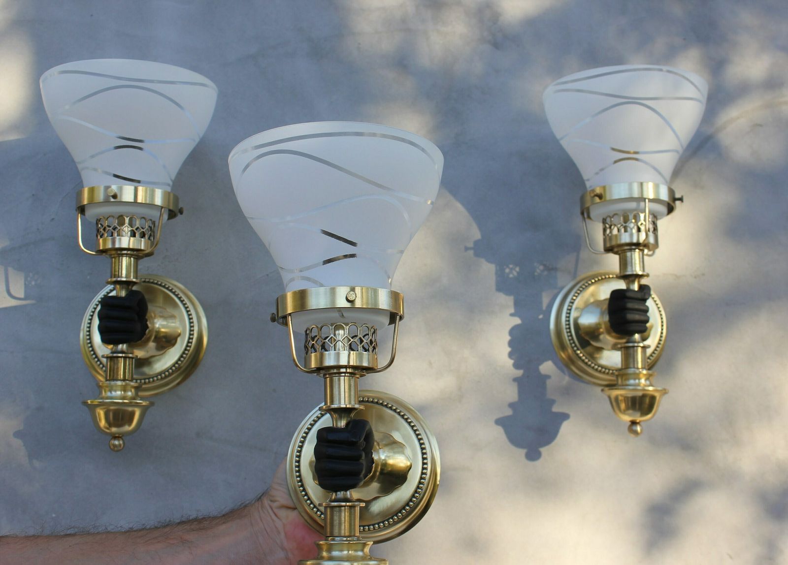 Set Of Three Maison Jansen Sconces Hand With Torch Wall Mounted Lamps, Black And Brass Light Fixture, John Devoluy Wall Light, Wall Lamp photo furniture