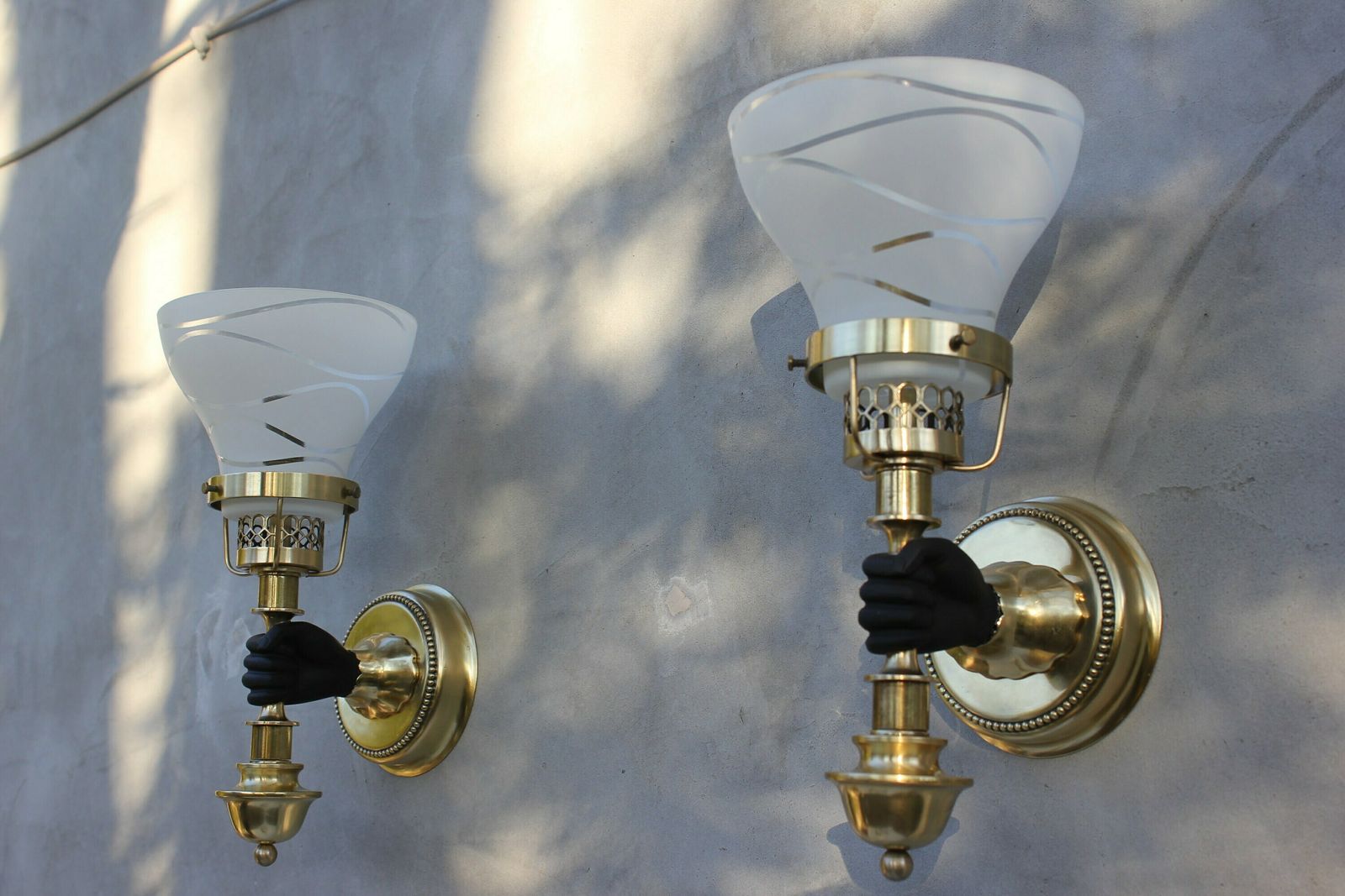 Set Of Three Maison Jansen Sconces Hand With Torch Wall Mounted Lamps, Black And Brass Light Fixture, John Devoluy Wall Light, Wall Lamp photo vinterior
