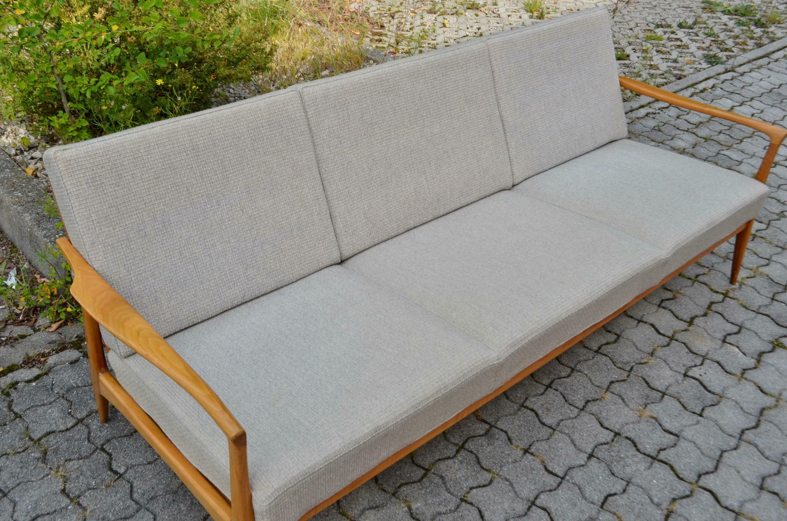 photo buy Wilhelm Knoll Antimott Walnut Mid Century Sofa Grey Wool