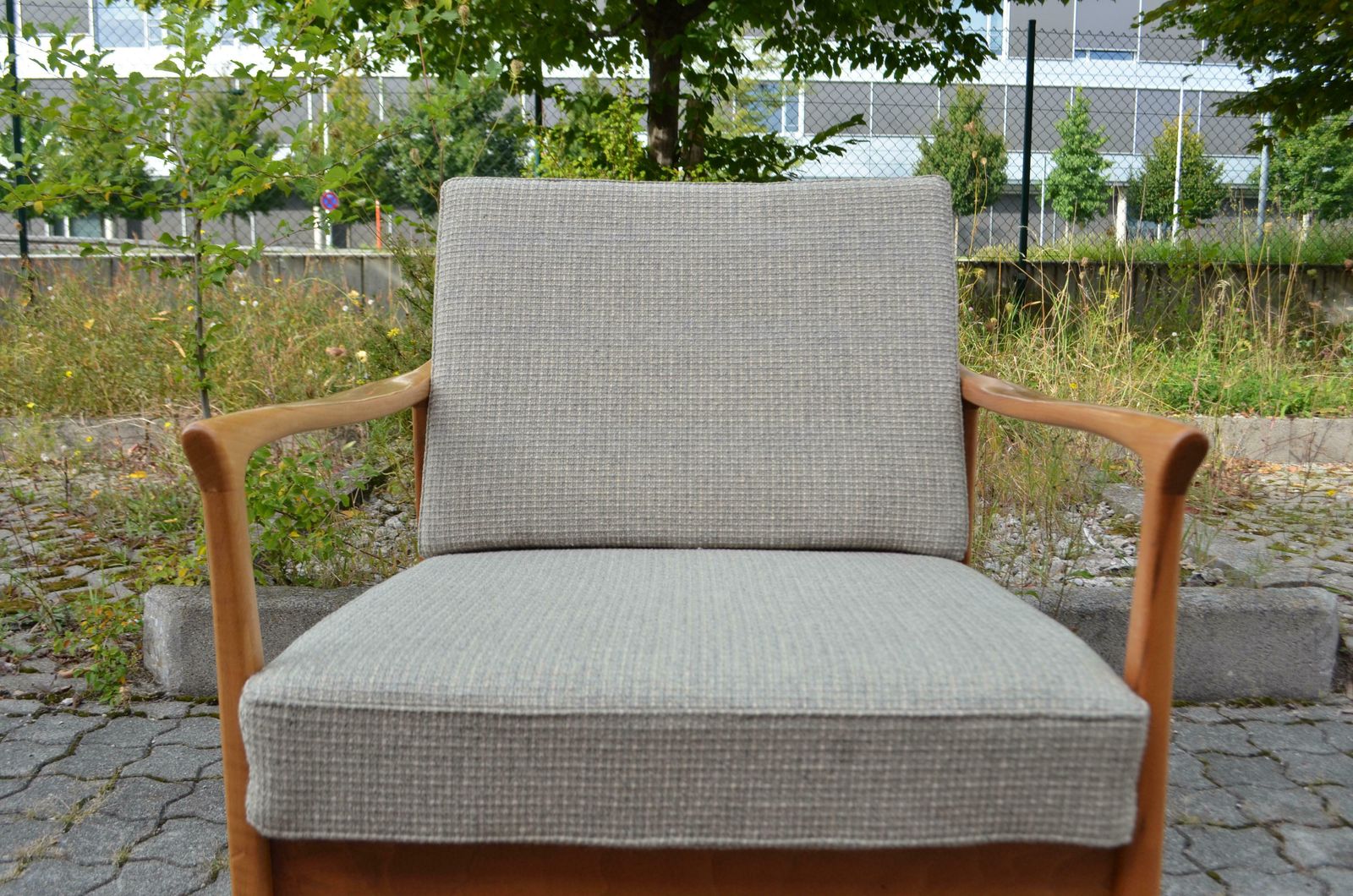 photo buy Wilhelm Knoll Antimott Walnut Mid Century Armchair Grey Wool