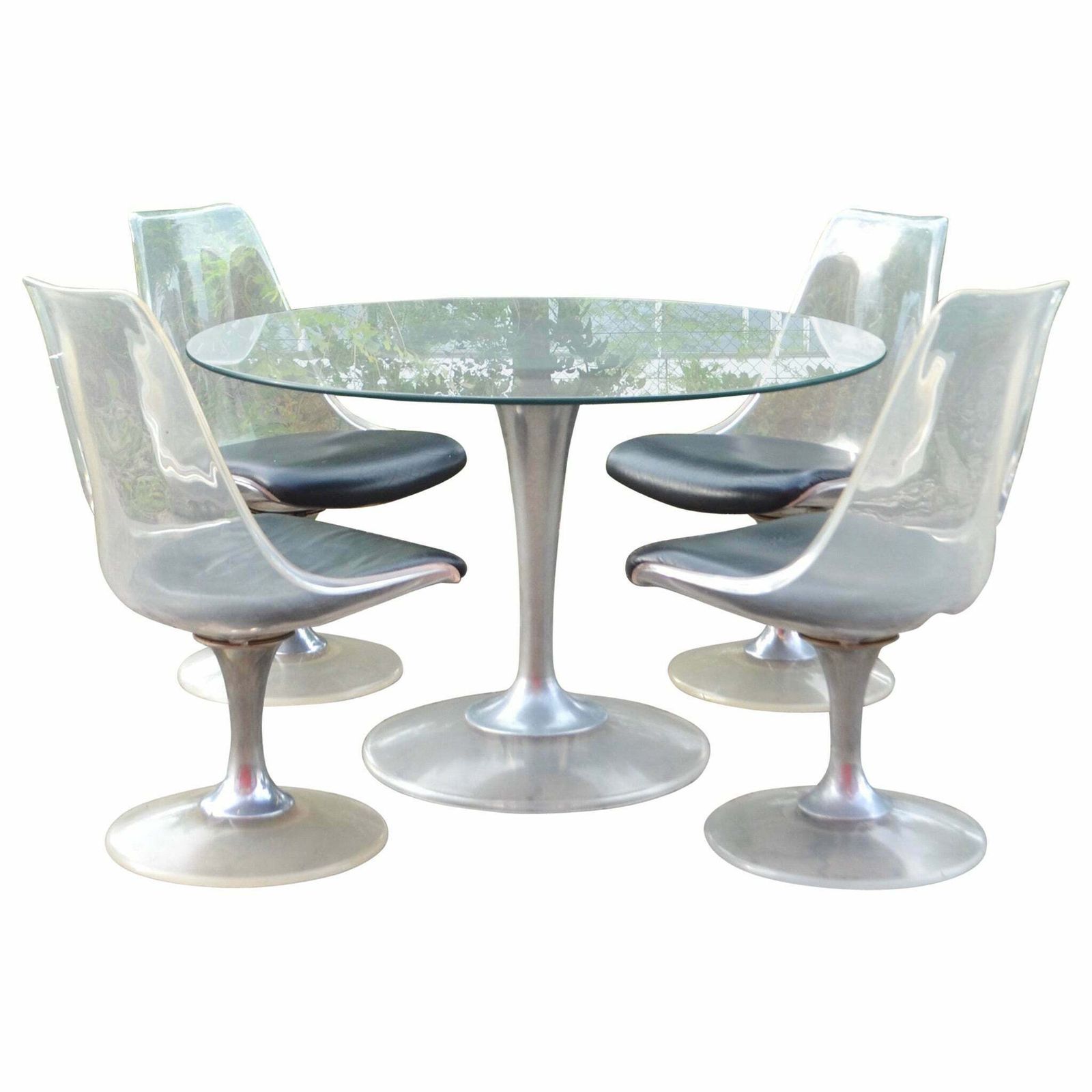 Lucite Chromcraft Dining Set Tulip Glas Dining Table & 4x Leather Chairs