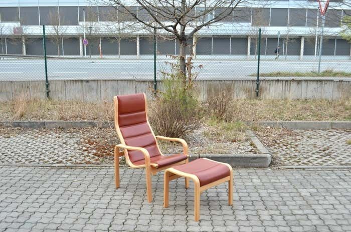 Yngve Ekström Modell Melano Swedese Ox Red Leather Highback Lounge Chair Beech photo furniture