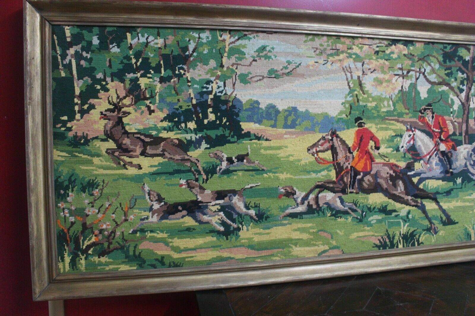 Antique French Handcrafted Royal Paris Wall Tapestry Hunters Stitch/Needlepoint photo vintage