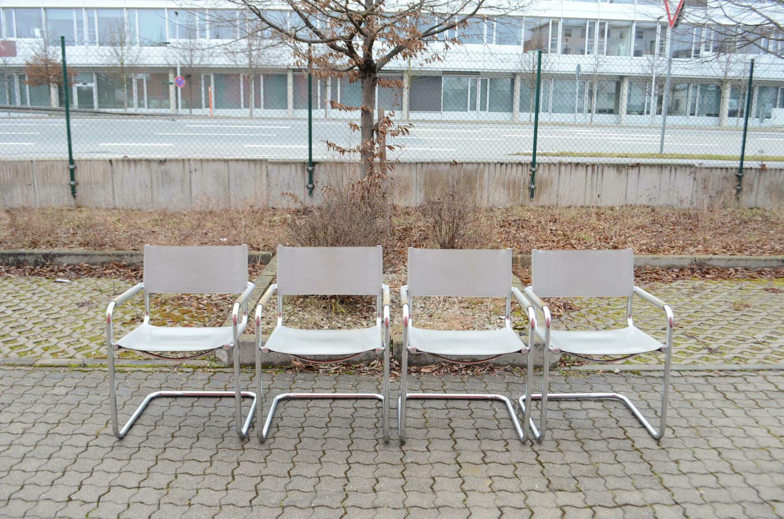 Vintage Italy Light Grey Leather Dining Chairs Armchairs Cantilever Set Of 4 photo for sale