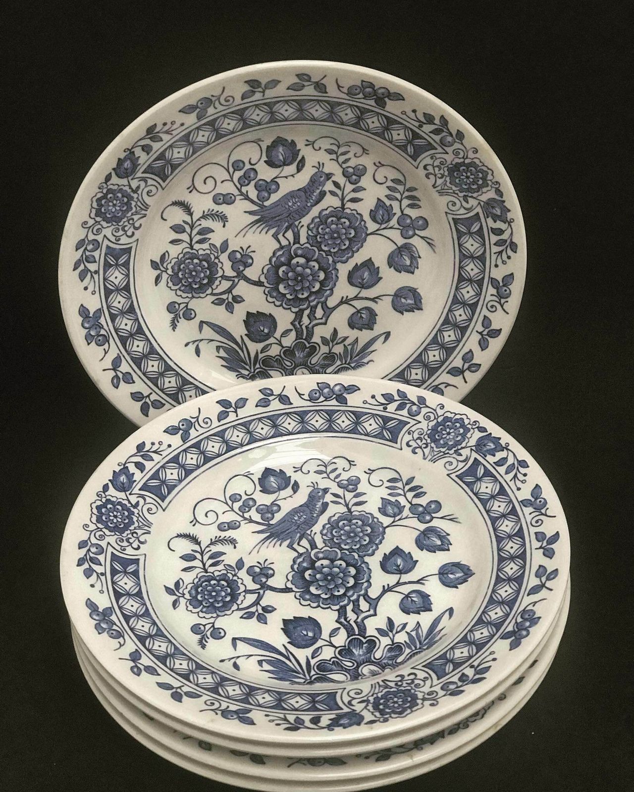 Broadhurst Ironstone Blue And White Set 5 Dessert/Cake/Bread Plates China Nankin Pattern Vintage, Blue And White Staffordshire Cake Plate