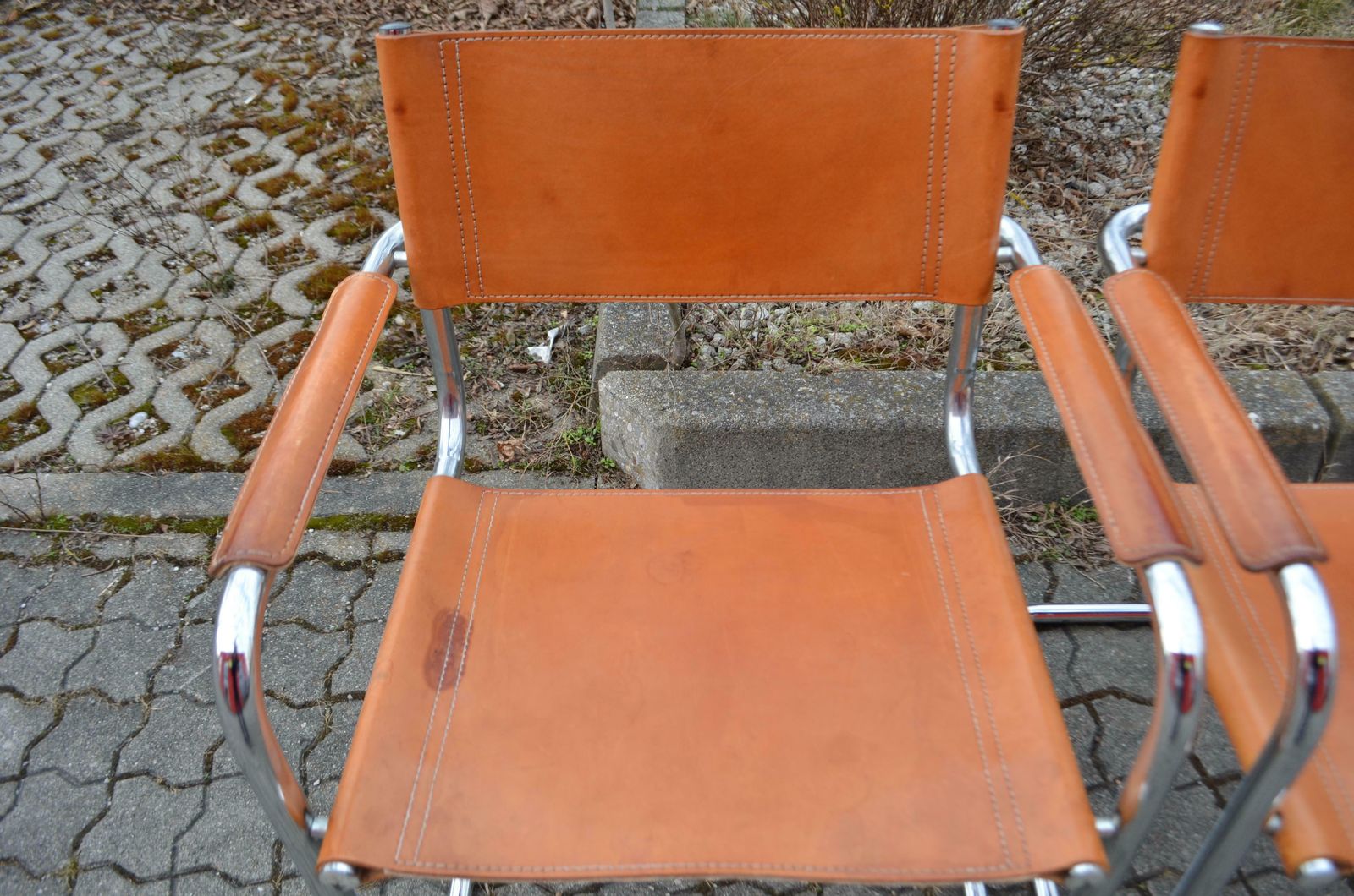 photo for sale Vintage Italy Cognac Vegetal Leather Dining Chairs Armchairs Cantilever Set Of 4