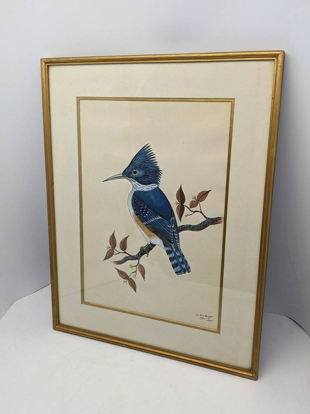 A Very Fine Original Watercolour Painting Of A Blue Kingfisher Bird By Nepalese Artist C.B.S. Dangol photo Art