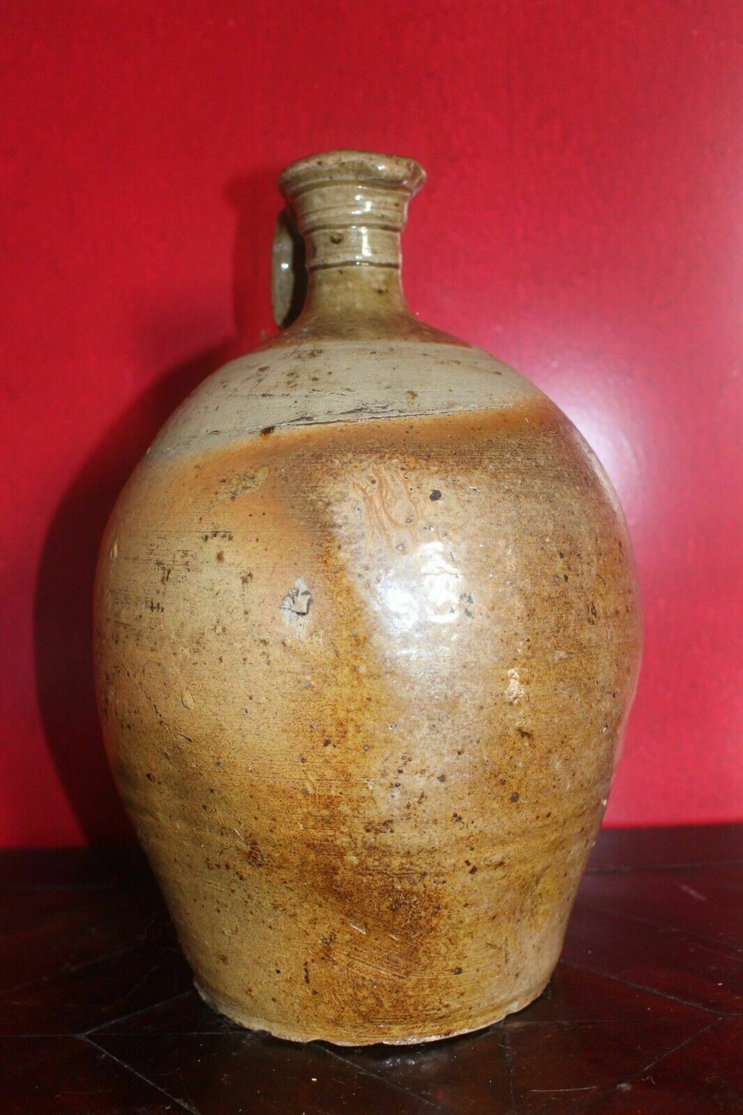 Large Antique French Terracotta Glaze Jug 19th C Hand Turned Clay Stoneware Pot photo for sale