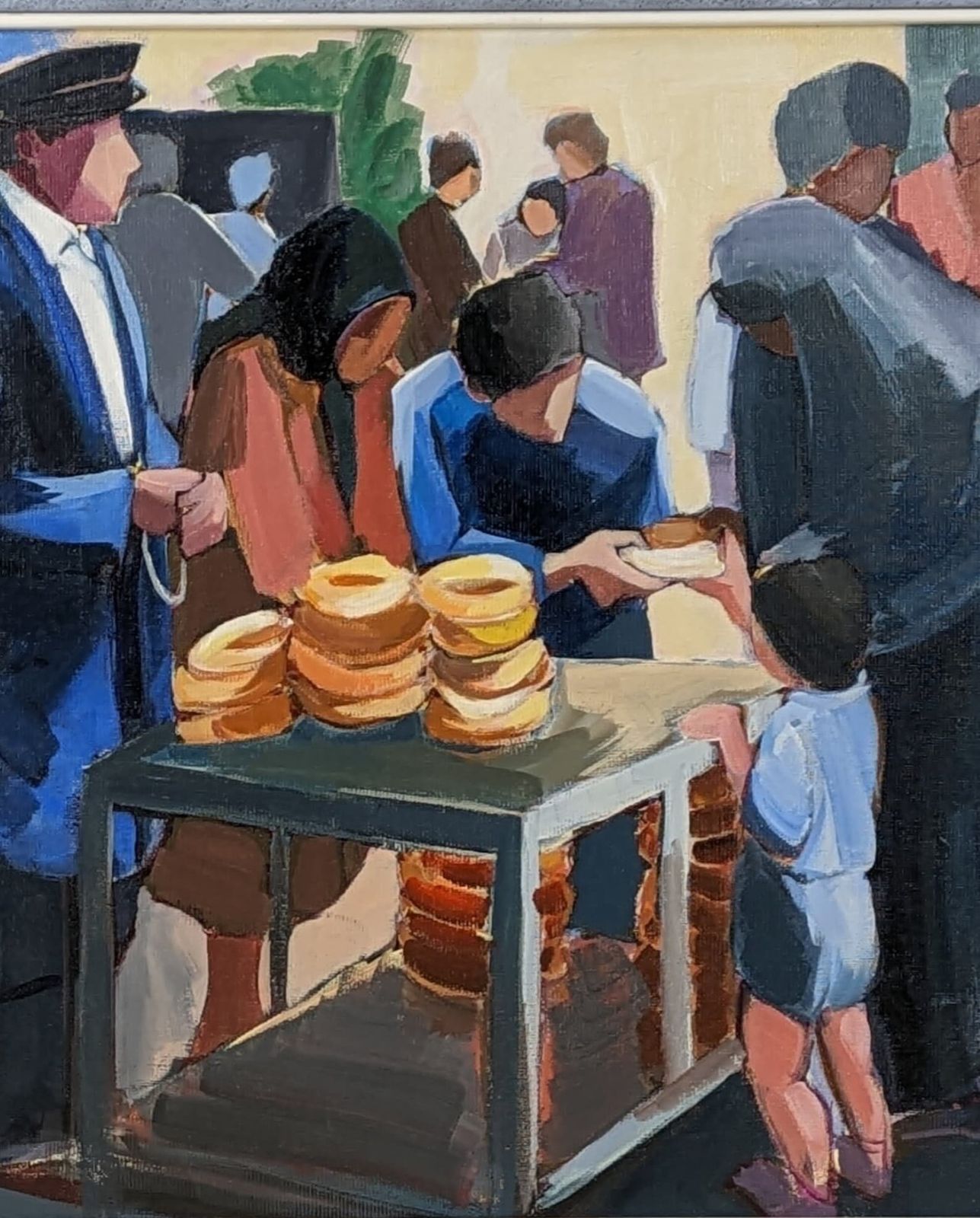 French Signed Acrylic Paint On Board Framed Painting Of Bread Seller In Market photo 290.0
