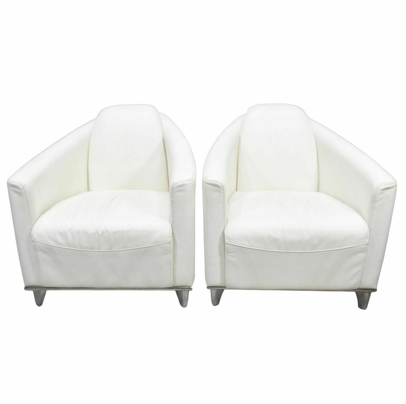 Club Armchairs In White Leather And Stainless Steel Art Deco Style (Pair
