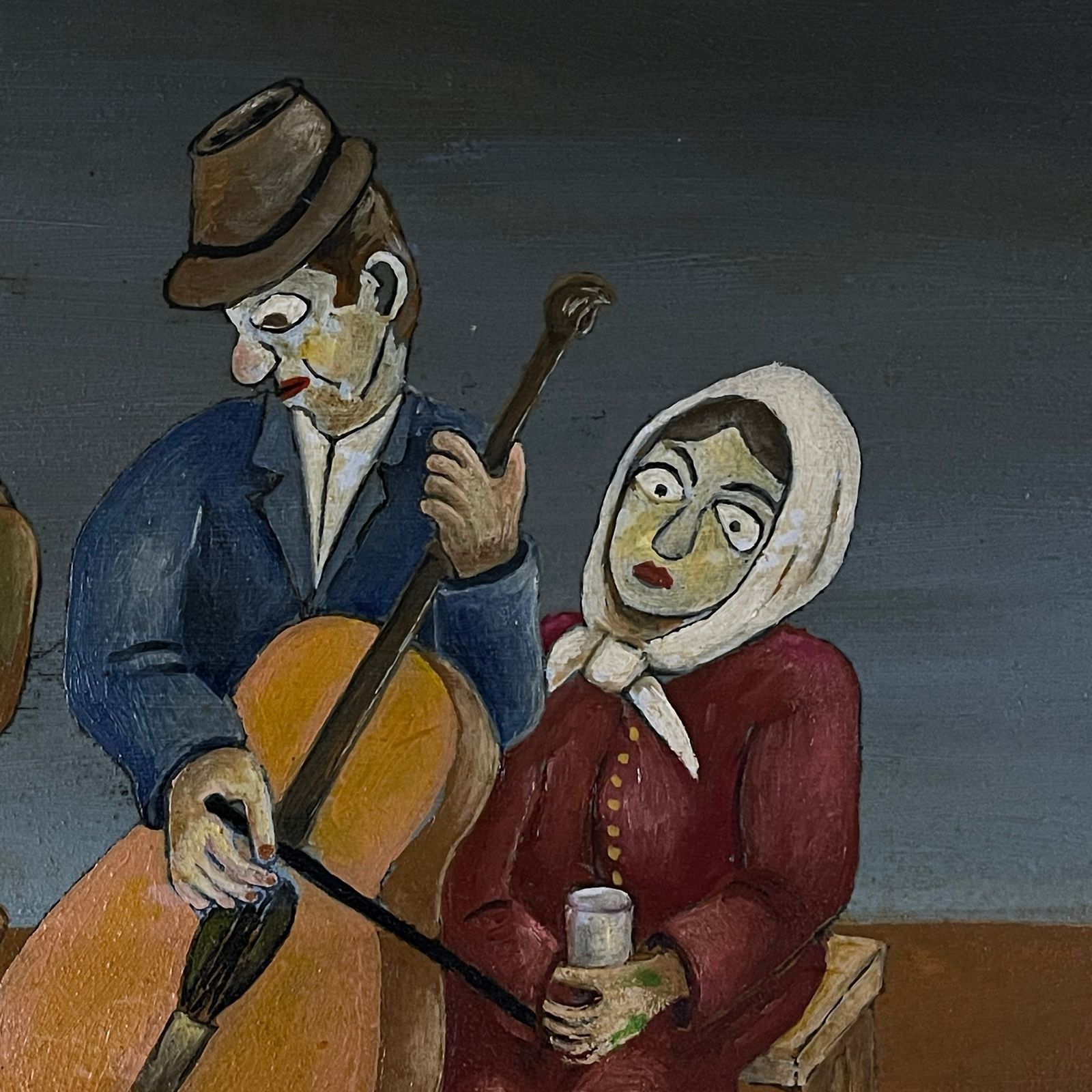 Painting Rural Feast In The Style Of Naive Art, Oil, Hardboard, Oto Dobovišek, Yugoslavia 1973 photo for sale