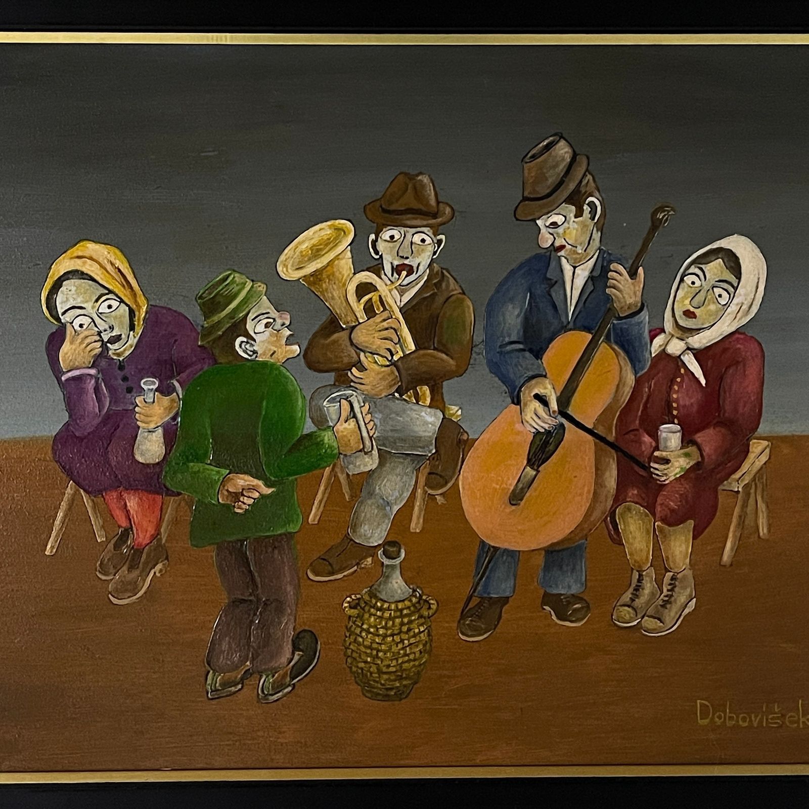 Painting Rural Feast In The Style Of Naive Art, Oil, Hardboard, Oto Dobovišek, Yugoslavia 1973 photo buy