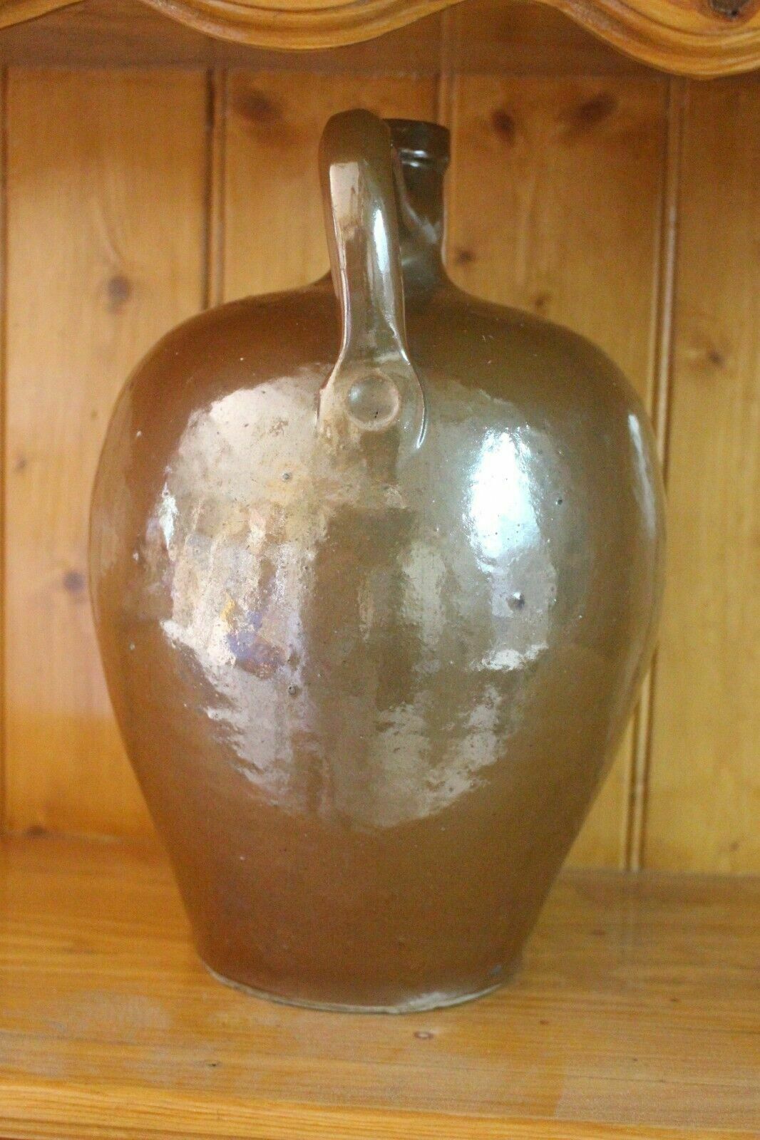 Antique French Terracotta Glaze Jug 19th C Hand Turned Clay Stoneware Pot photo vintage
