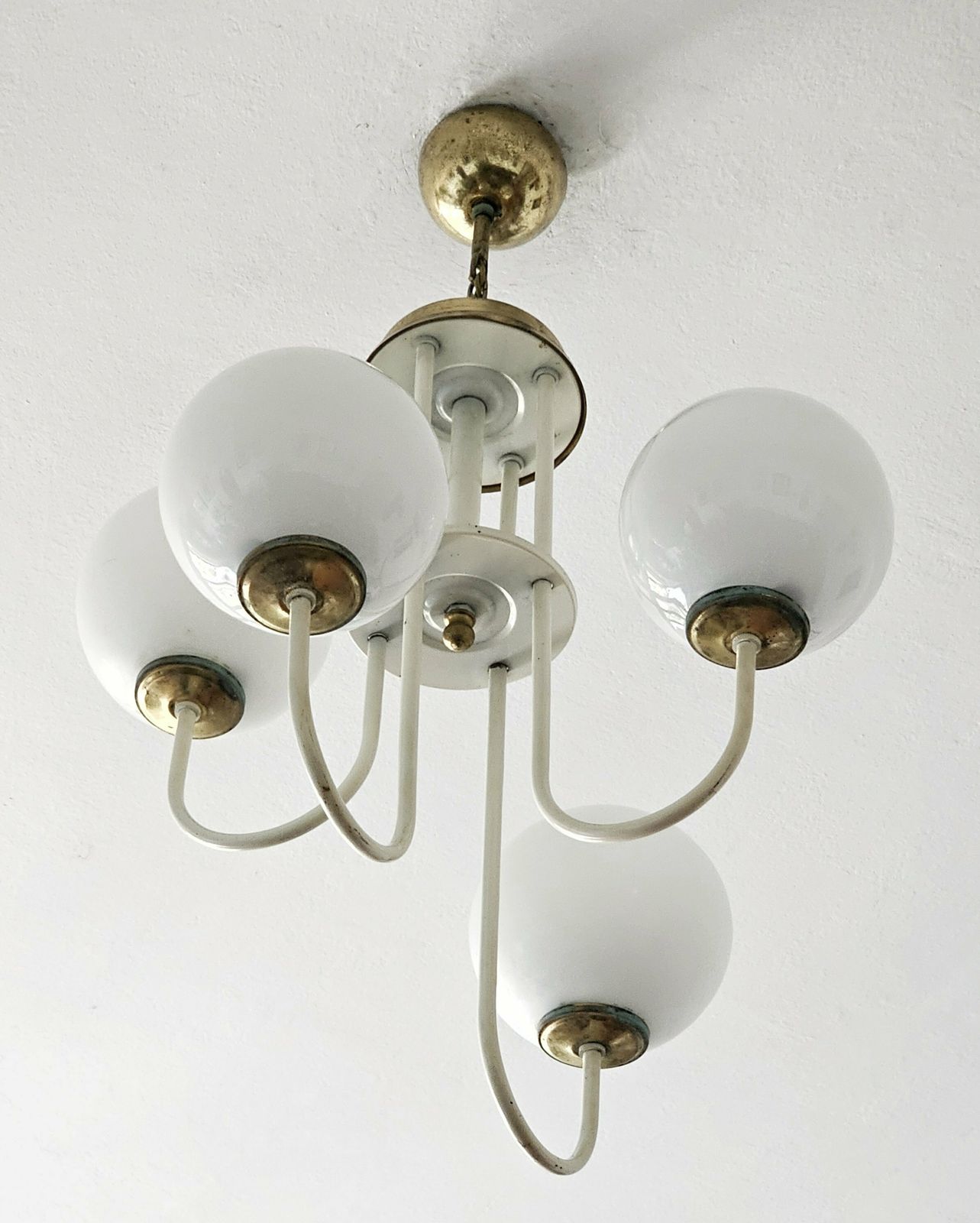 Rare Mid Century Modern Chandelier With 4 Opaline Glass Balls // Elegant Cascade Chandelier // Made In Italy In 1960s photo for sale