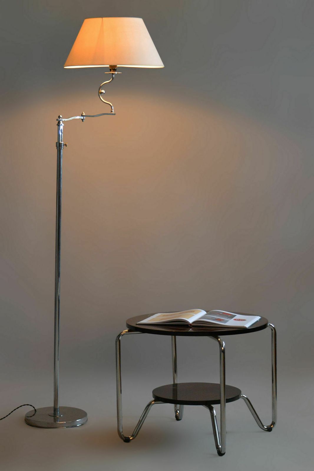Czech Bauhaus Floor Lamp, Textile Shade, Chrom Plated Steel, 1920s photo furniture