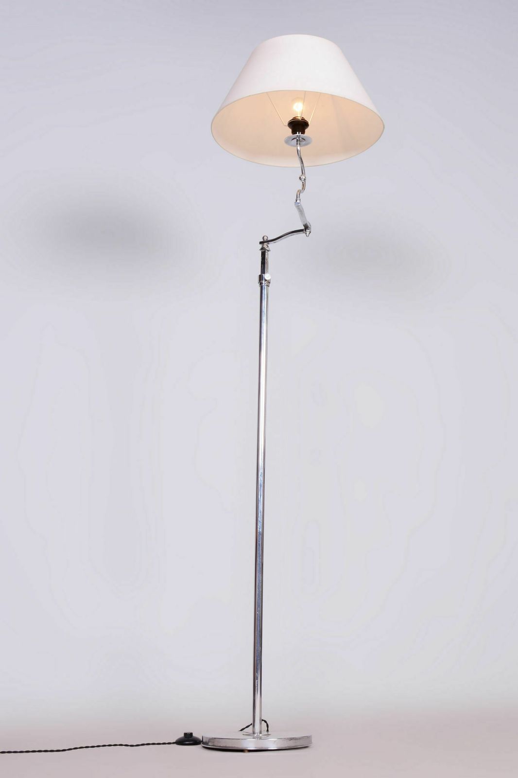 Czech Bauhaus Floor Lamp, Textile Shade, Chrom Plated Steel, 1920s