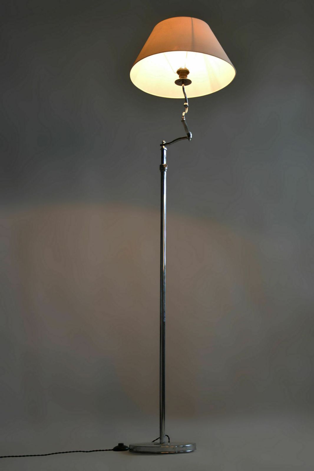 Czech Bauhaus Floor Lamp, Textile Shade, Chrom Plated Steel, 1920s photo vintage