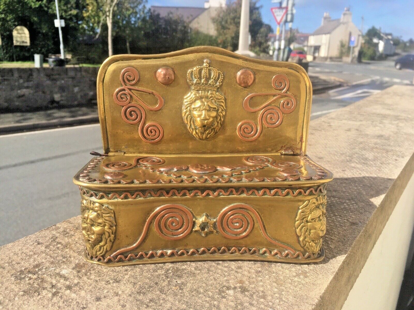 photo buy Antique 19th Century Dutch Brass & Copper Gothic Lion Mask Fireside Candle Box