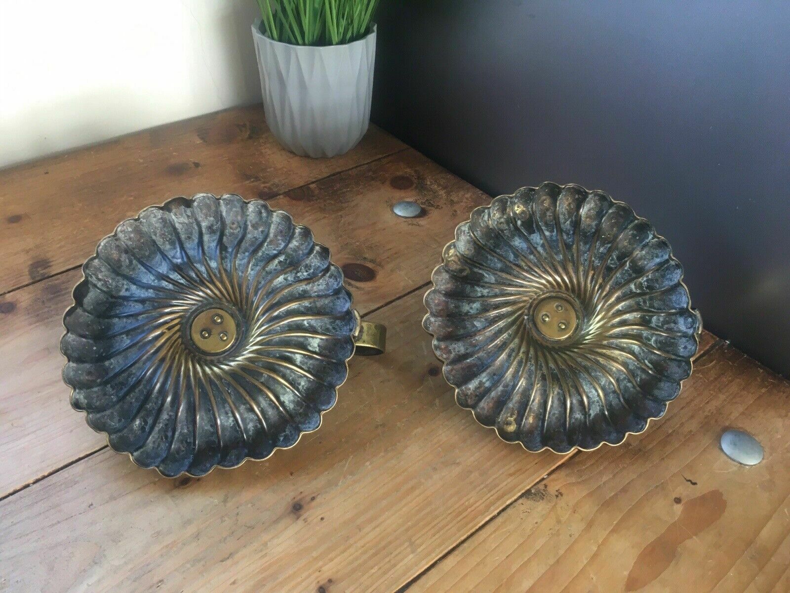 photo for sale Beautiful Pair Of Antique Art Nouveau Fluted Brass Chamber Candle Holders Sticks