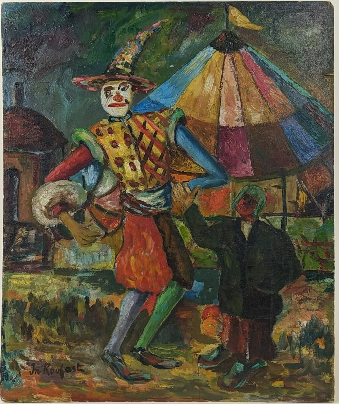 Vintage French Harlequin Oil Painting On Wood Panel photo furniture