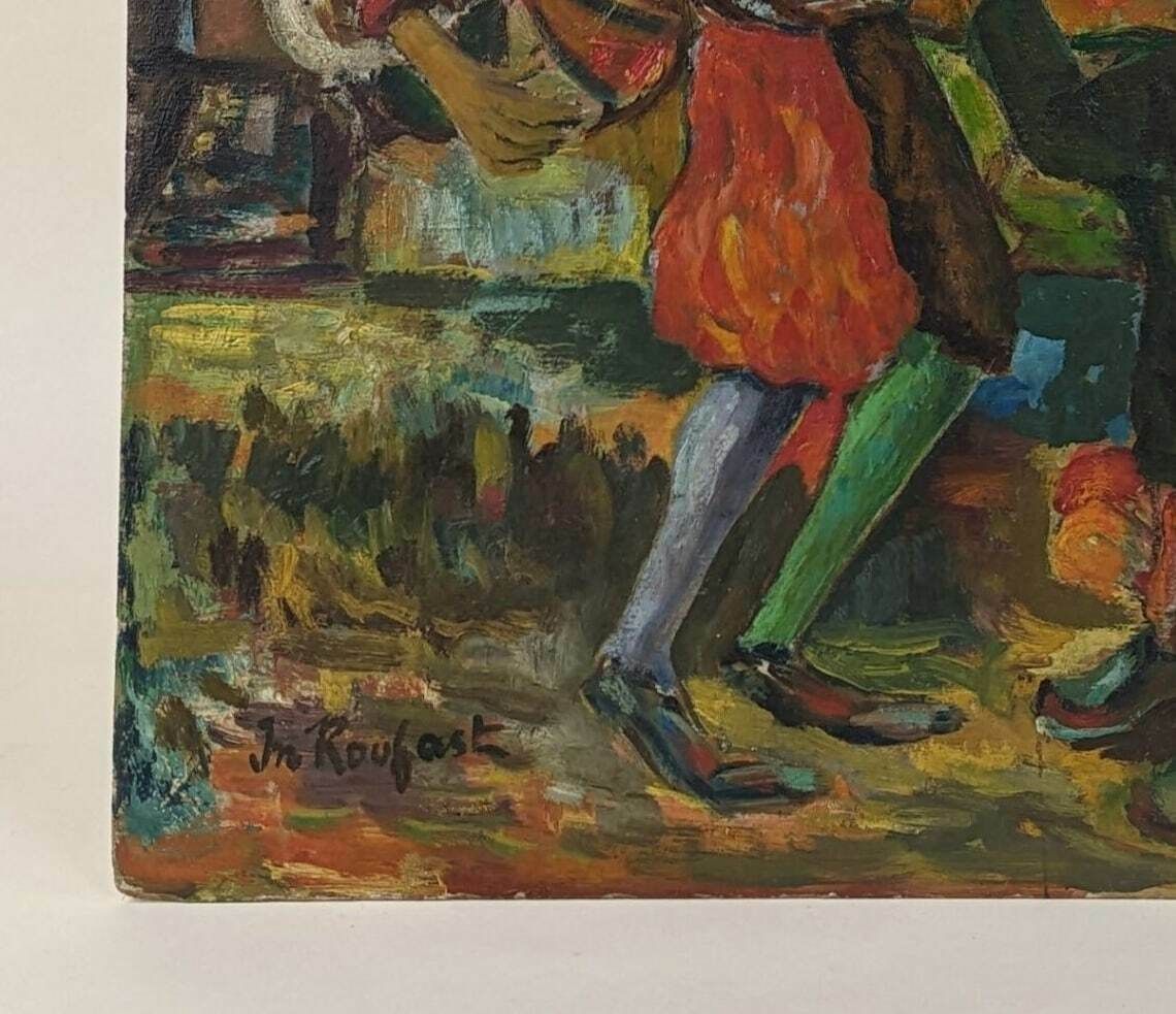 Vintage French Harlequin Oil Painting On Wood Panel photo for sale