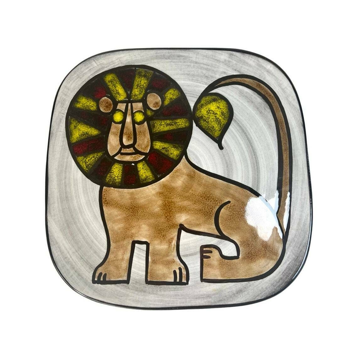 Swiss Pottery, Vintage Hand Painted Platter A Lion By Burkart Handarbeit Switzerland   Dark Brown Mid Century Aesthetic   Animal Plate Wall photo Art