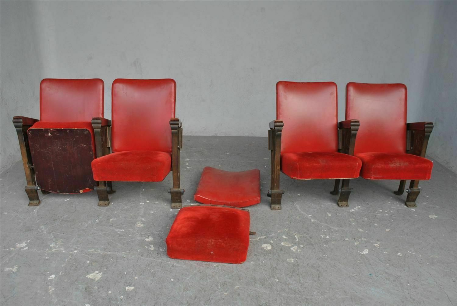 Series Of 5 Red Skai And Patinated Cast Iron Theater Armchairs photo Furniture