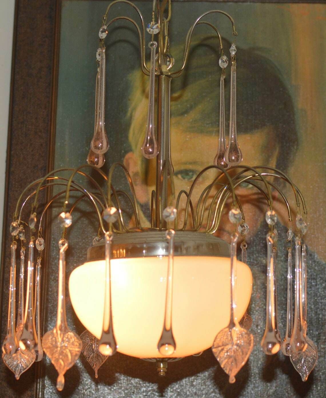 Chandelier Venini Era Tear Drops Crystal Glass Mid Century photo vintage