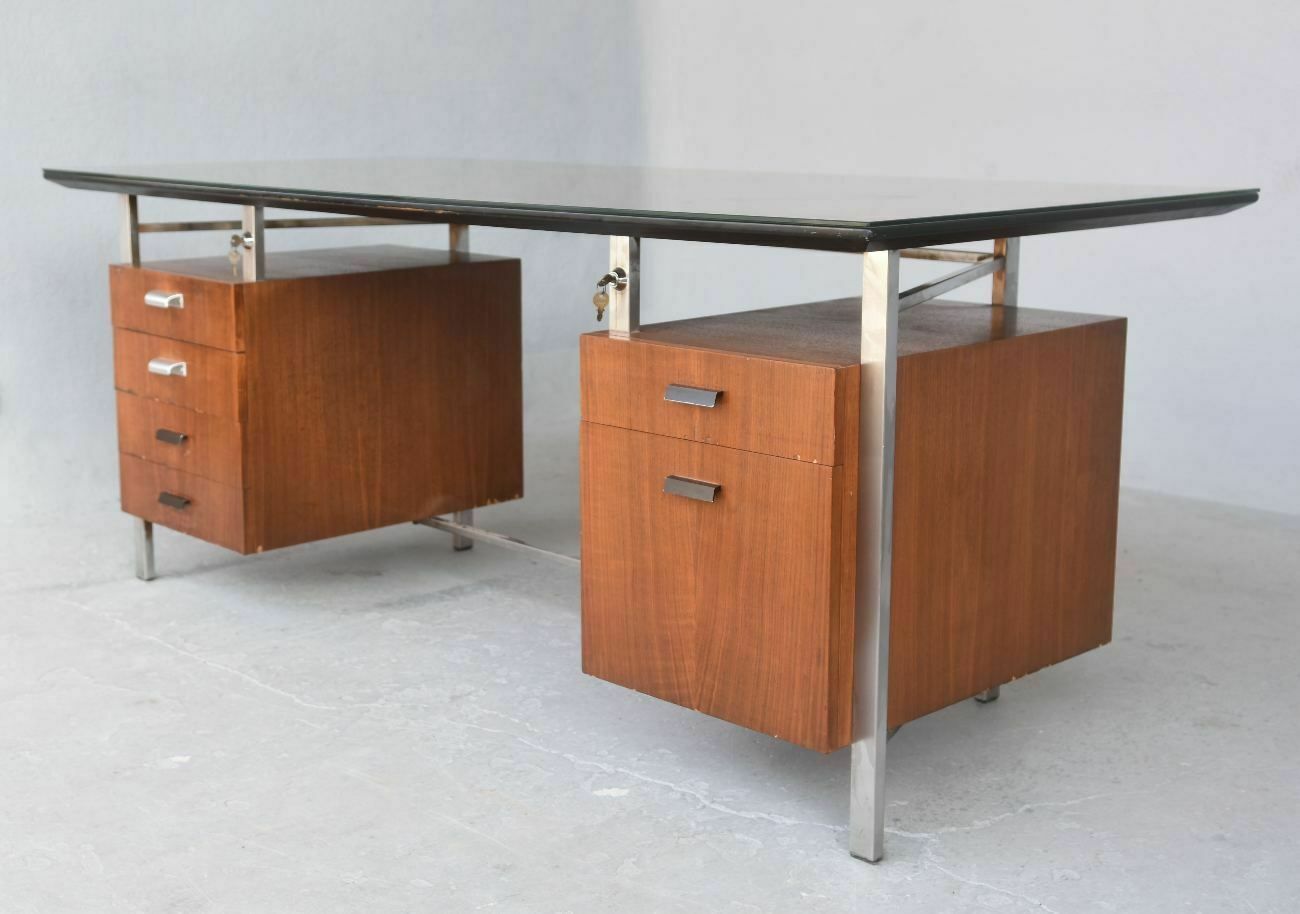 Rosewood And Chrome Presidential Desk 1960s photo furniture