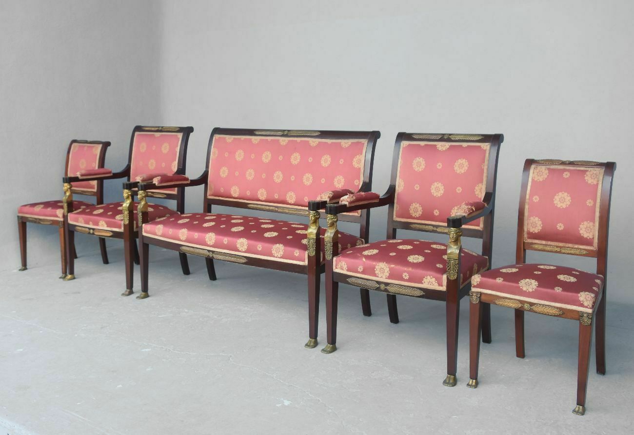 Empire Style Mahogany And Gilded Bronze Living Room Upholstered In 19th Century Silk photo furniture
