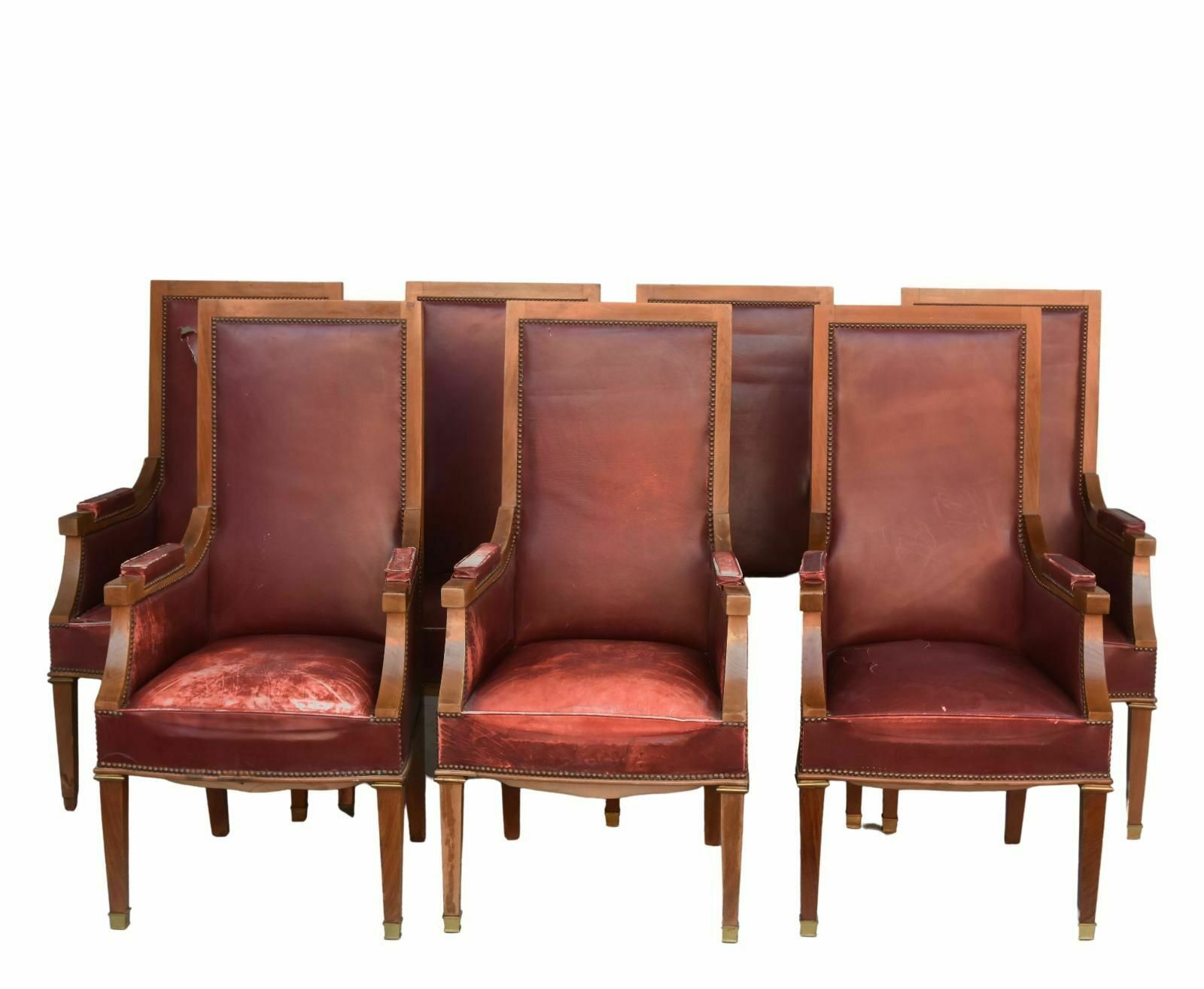 1940 Shepherdess Armchairs In Mahogany And Red Leather (Set Of 7)
