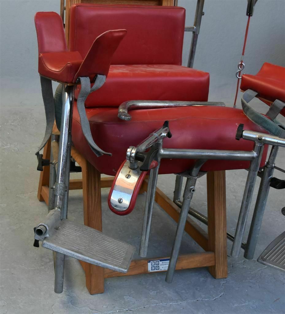 Childbirth Chair Covered In Red Skai In Metal And Oak photo vinterior
