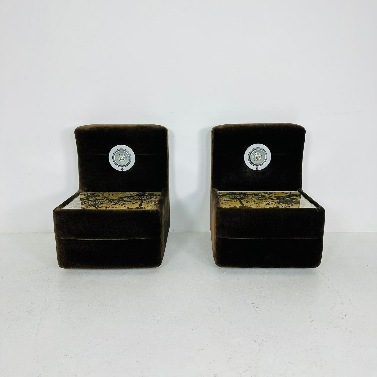 Pair Of Spaceage Nightstands In Brown Velor With Spot Lights 1970s France photo for sale