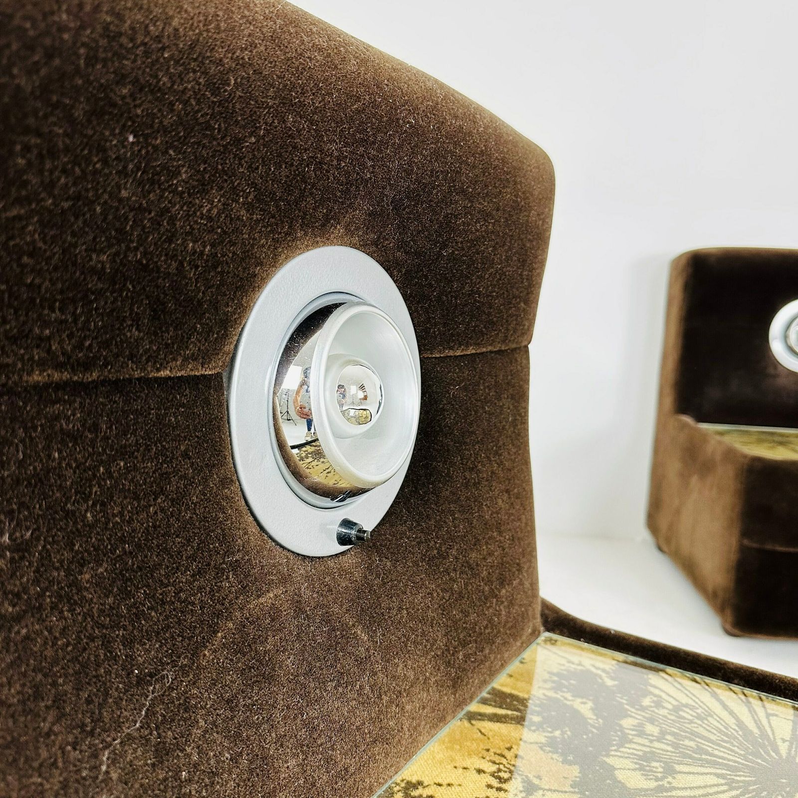Pair Of Spaceage Nightstands In Brown Velor With Spot Lights 1970s France photo vinterior