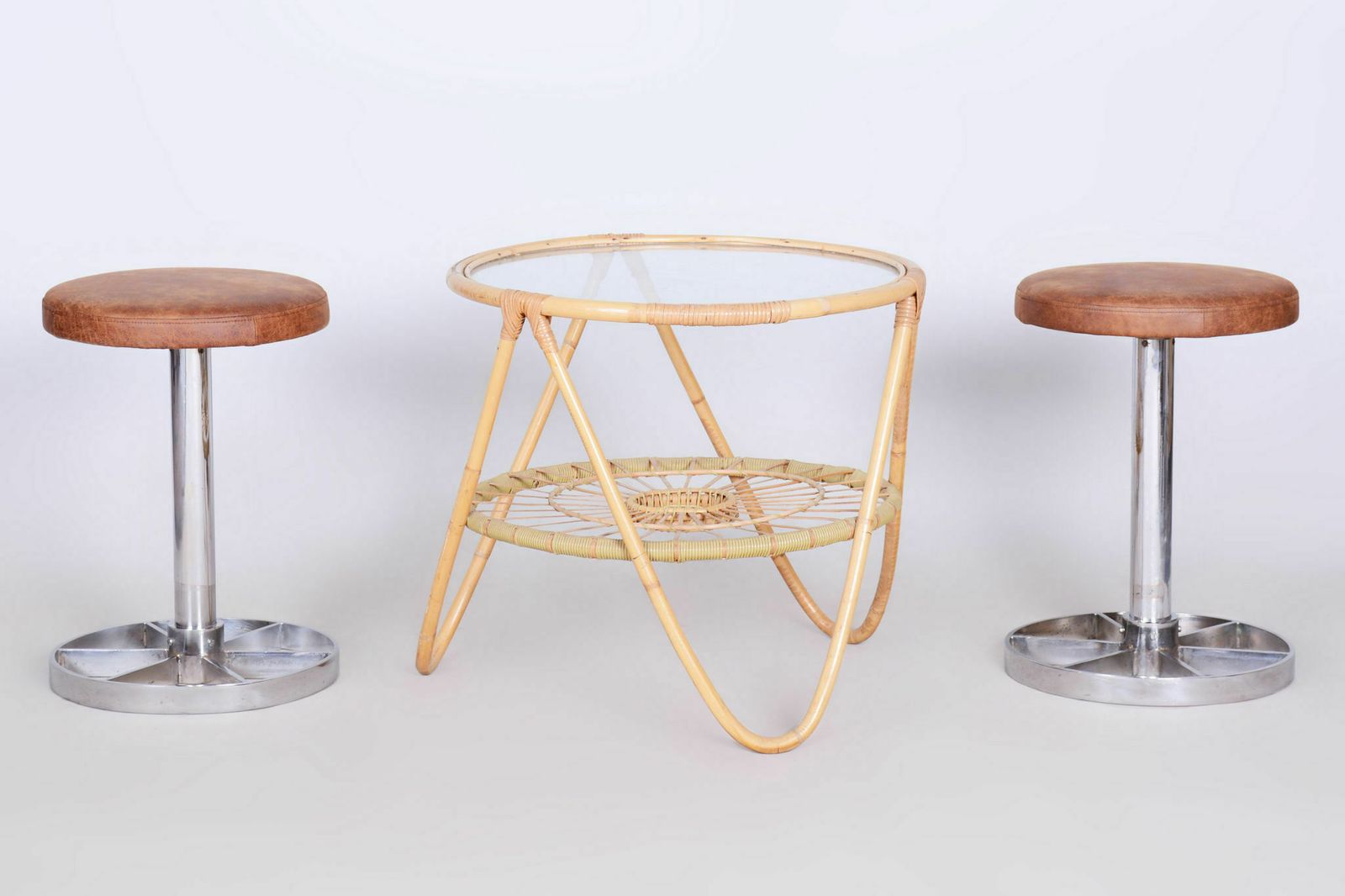 Pair Of Bauhaus Chrome Plated Steel Stools, Brown Leather, Czech, 1930 1939 photo 1200.0