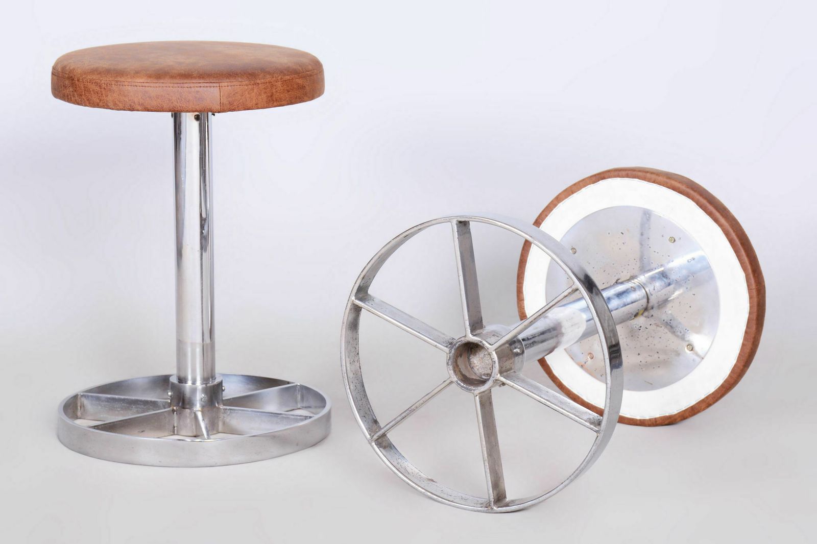 Pair Of Bauhaus Chrome Plated Steel Stools, Brown Leather, Czech, 1930 1939 photo buy