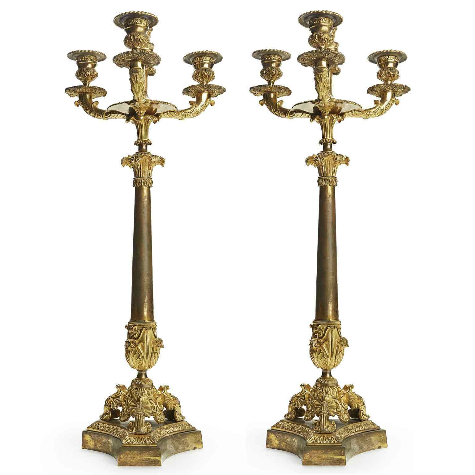 Pair Of Empire Three Flame Candelabra In Gilded Bronze 1800