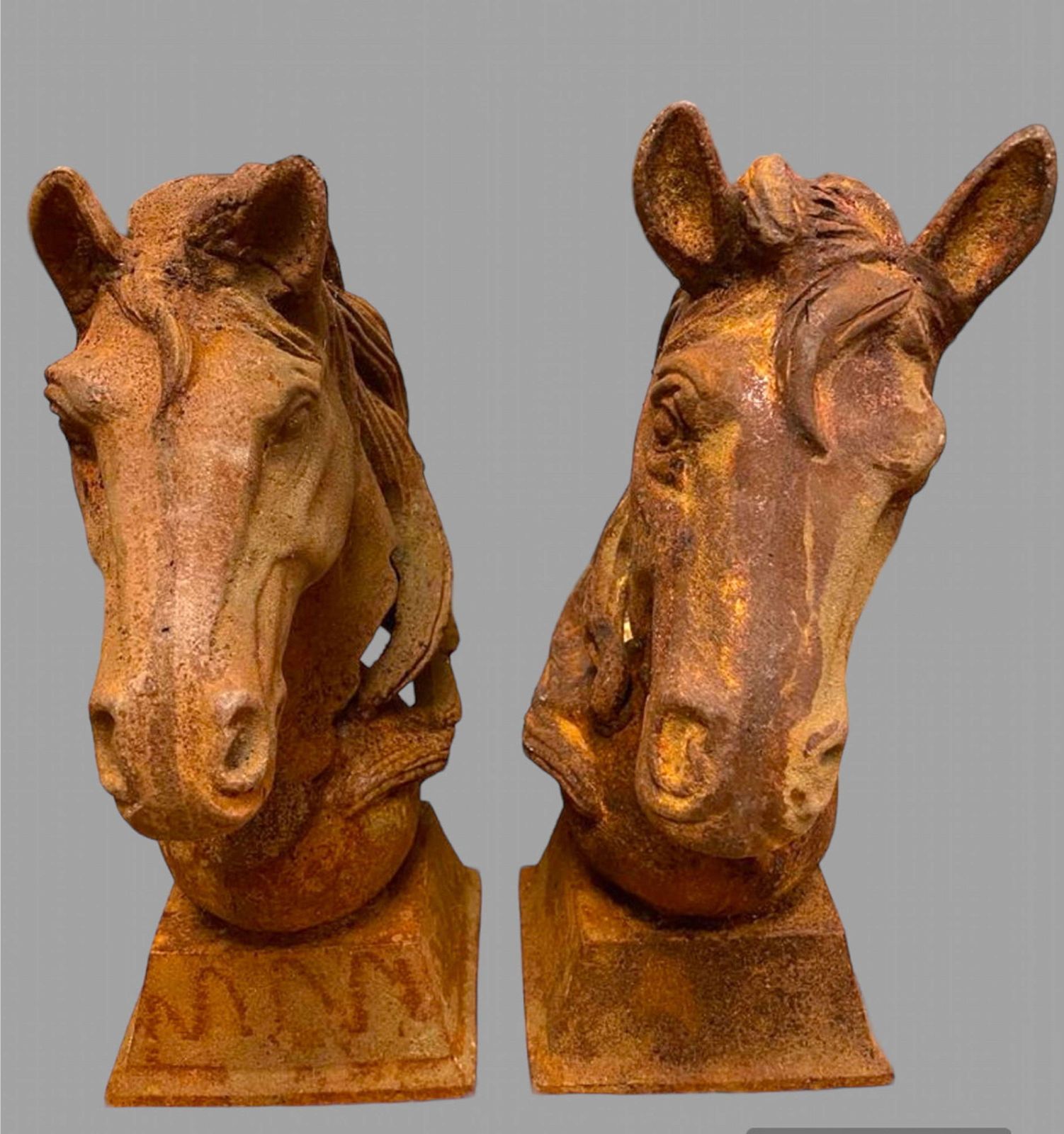 Near Pair Of Horse Head Busts, In Cast Iron photo Art