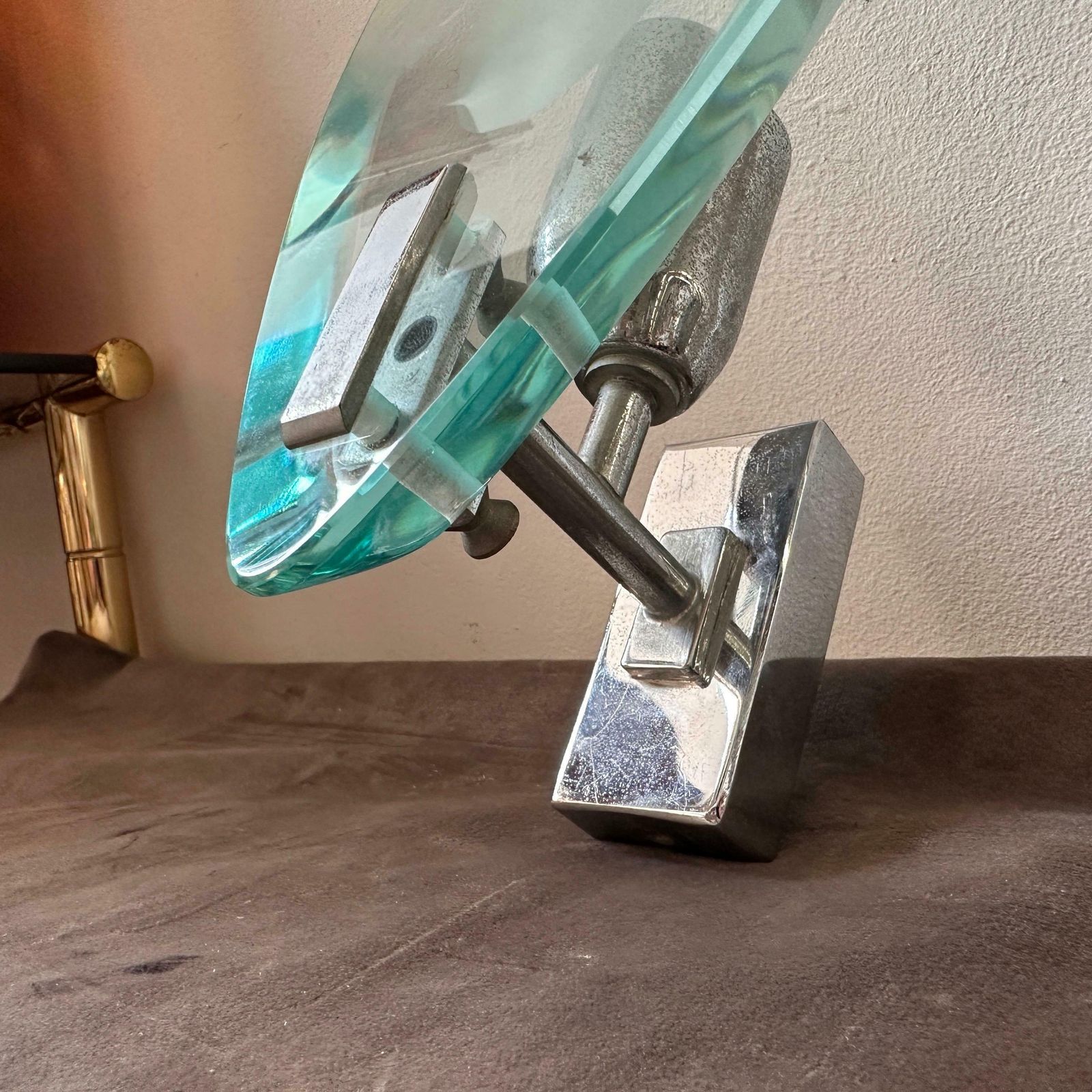 1960s Fontana Arte Style Heavy Glass And Steel Space Age Italian Wall Sconce photo for sale