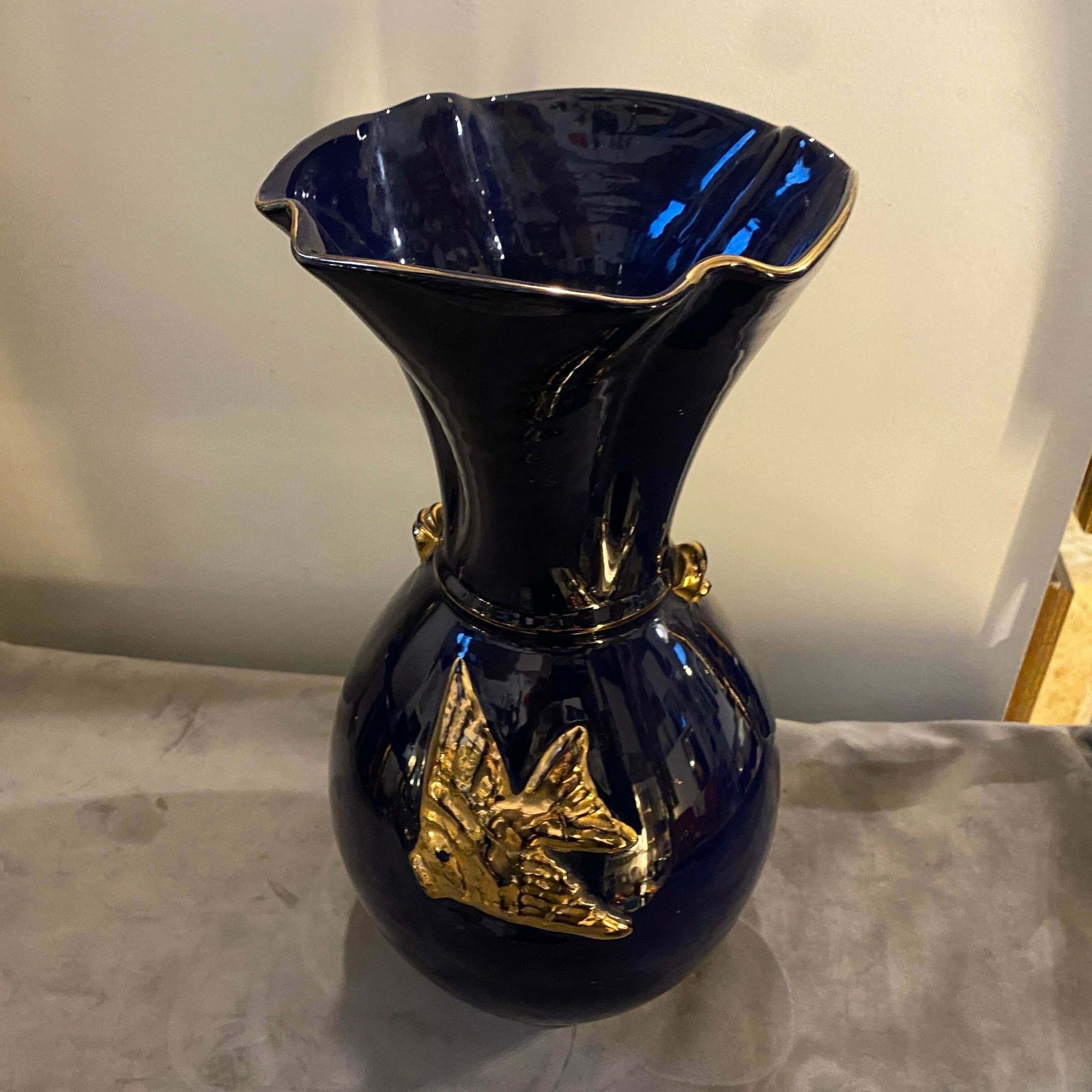 1950s Mid Century Modern Blue And Gold Ceramic Italian Vase By Icap photo Home Decor