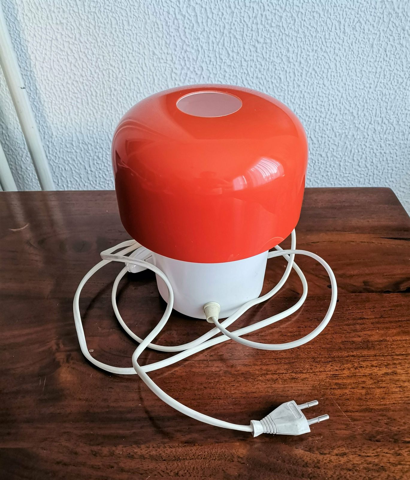 Mid Century Orange Red Mushroom Table Lamp Designed By Harvey Guzzini Made By Meblo Yugoslavia Bedside Light Midcentury Modern photo for sale