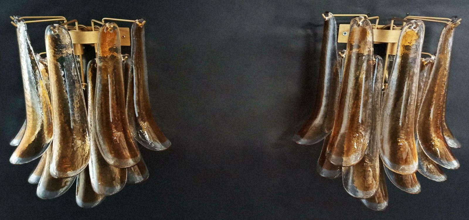 Elegant 1970’s Pair Of Vintage Italian Murano Wall Lights  Amber Glass Petals photo for sale