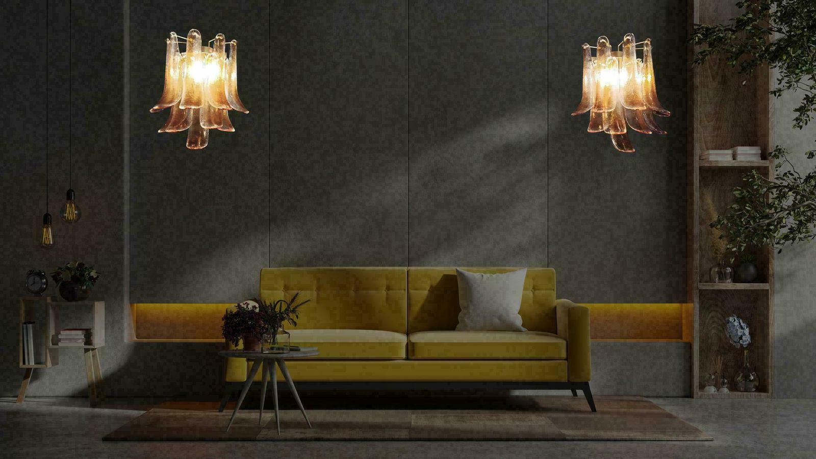 Elegant 1970’s Pair Of Vintage Italian Murano Wall Lights  Amber Glass Petals photo 782.0