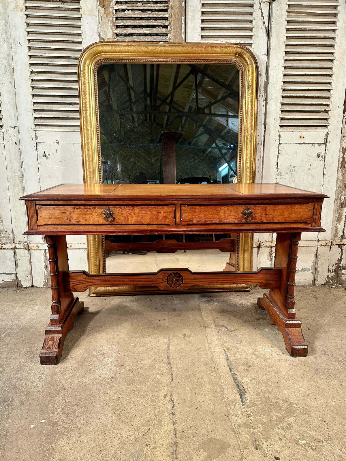 Rare Howard & Sons Stunning Quarter Sawn Oak & Baltic Pitch Pine Tooled Leather Aesthetic Movement Writing Desk/Console Circa 1870 photo furniture