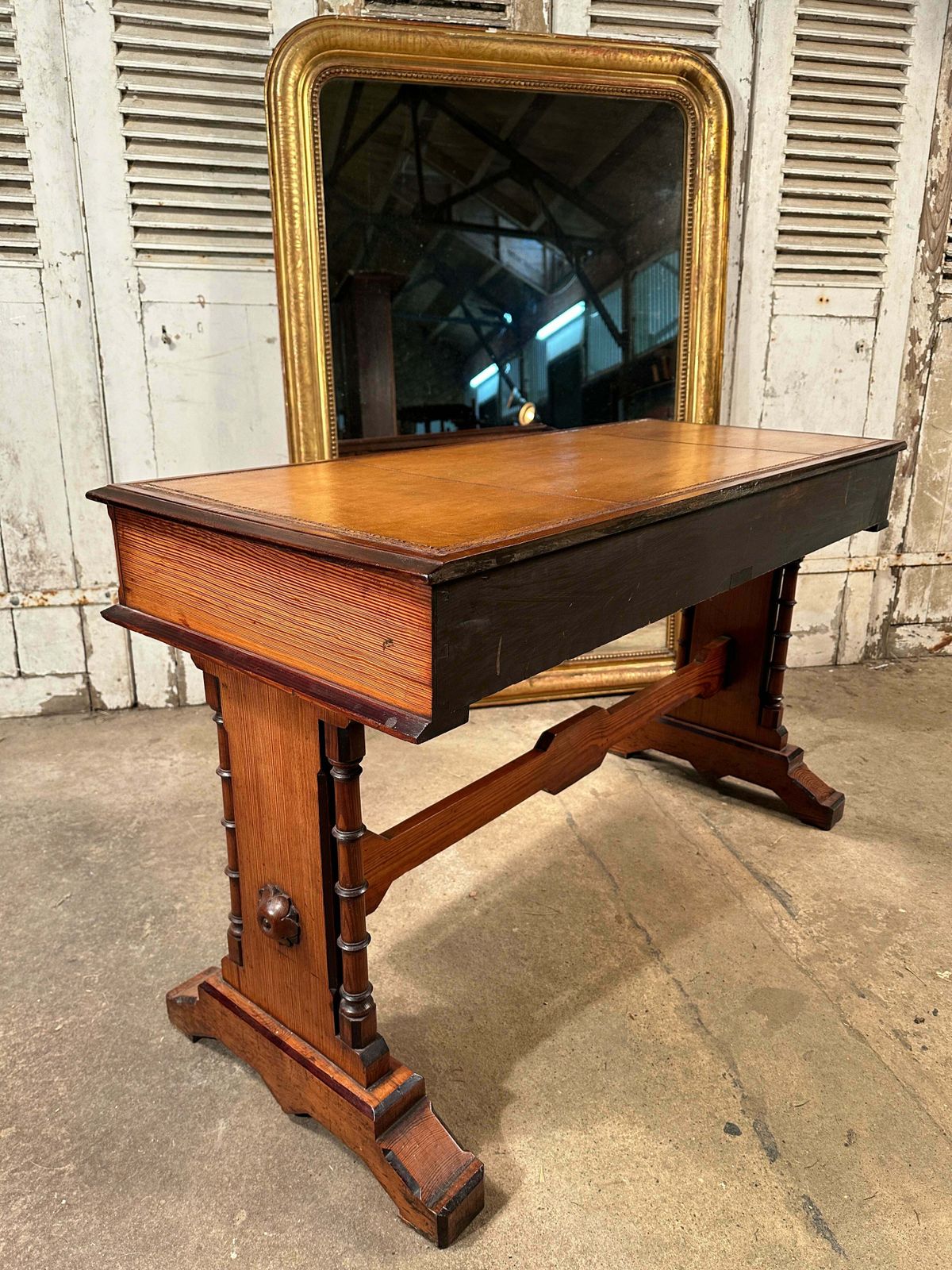 1650.0 Rare Howard & Sons Stunning Quarter Sawn Oak & Baltic Pitch Pine Tooled Leather Aesthetic Movement Writing Desk/Console Circa 1870 photo