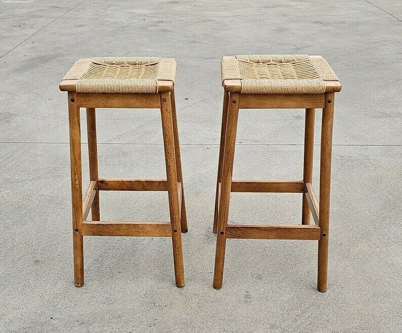 Pair Of Mid Century Modern Bar Stools Done In Wood With Danish Paper Cord Seats In Manner Of Hans J. Wegner // Made In Yugoslavia In 1960s photo for sale