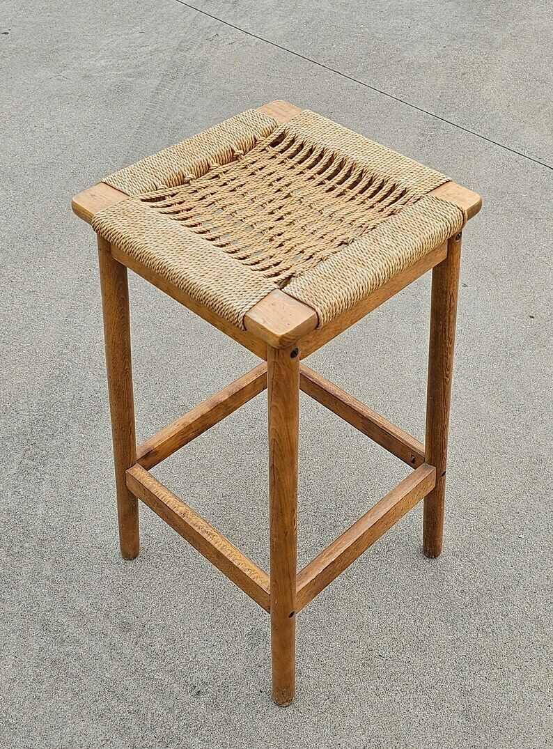 Pair Of Mid Century Modern Bar Stools Done In Wood With Danish Paper Cord Seats In Manner Of Hans J. Wegner // Made In Yugoslavia In 1960s photo vinterior