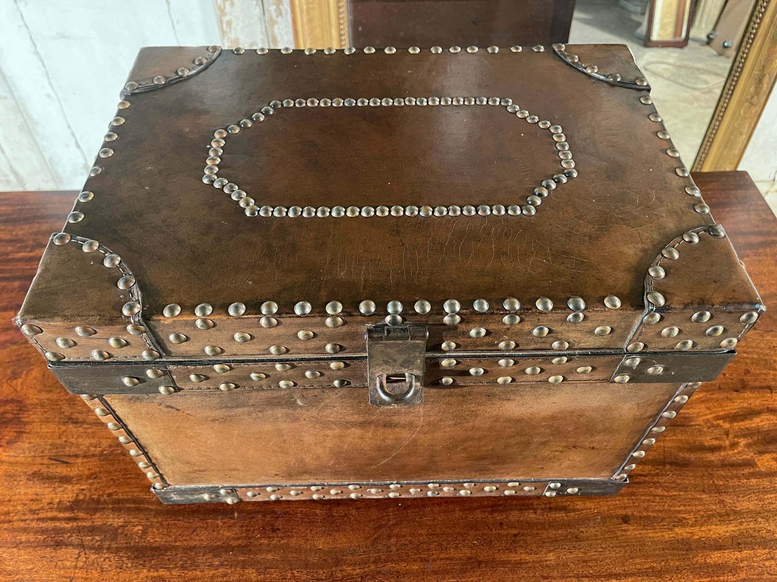 Antique Studded Leather Bound Antique Strong Box Chest Trunk Coffee Table photo for sale