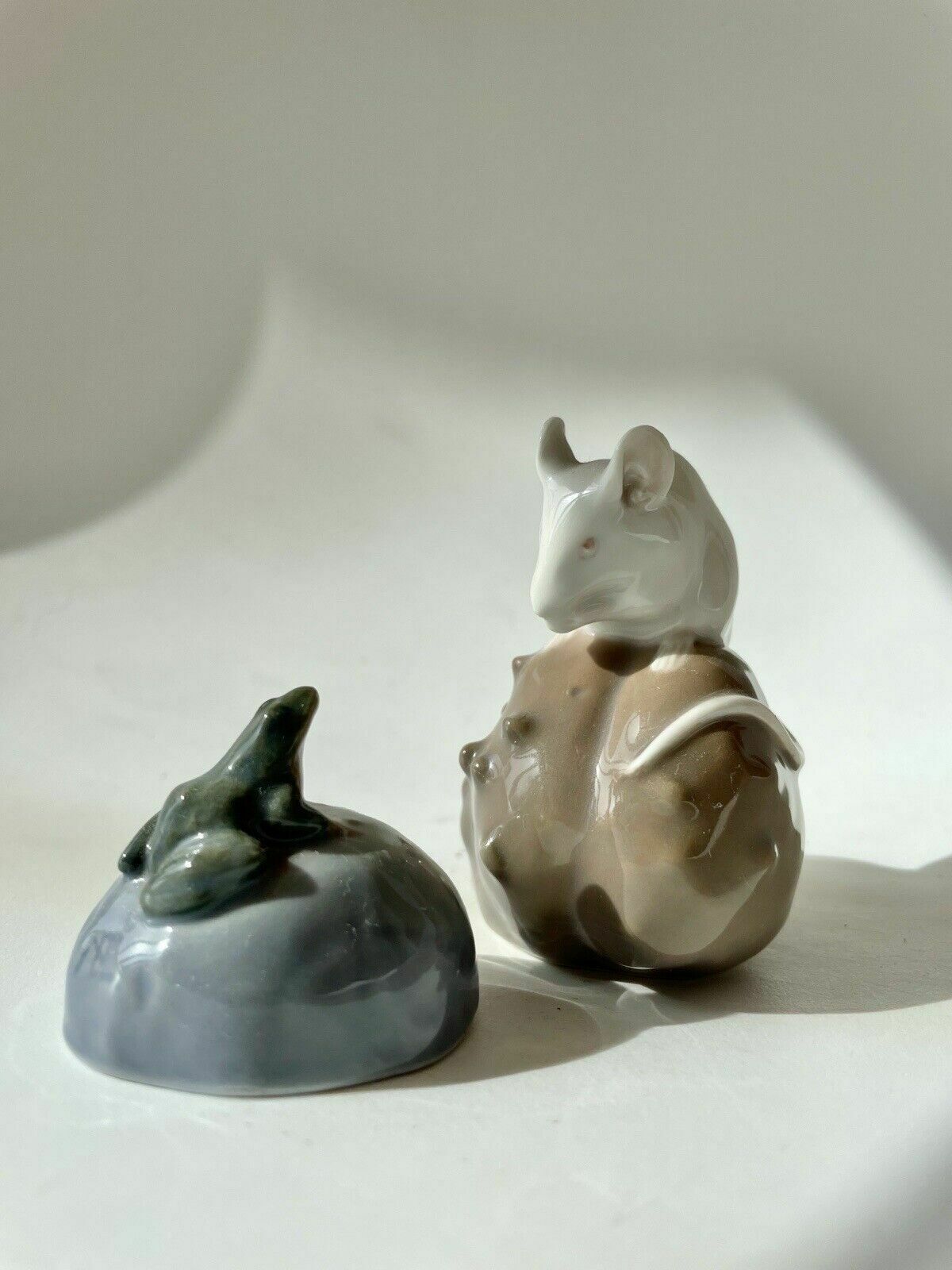 Royal Copenhagen Porcelain White Mouse On A Chestnut & Frog On A Stone Figurines photo for sale